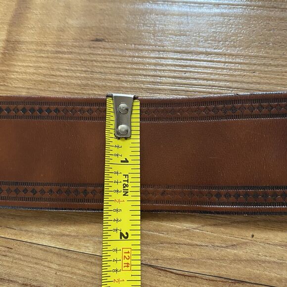 VTG Mens 34 Brown Tooled Leather Western Cowboy Belt Adjustable Gold Buckle Work - Picture 10 of 15